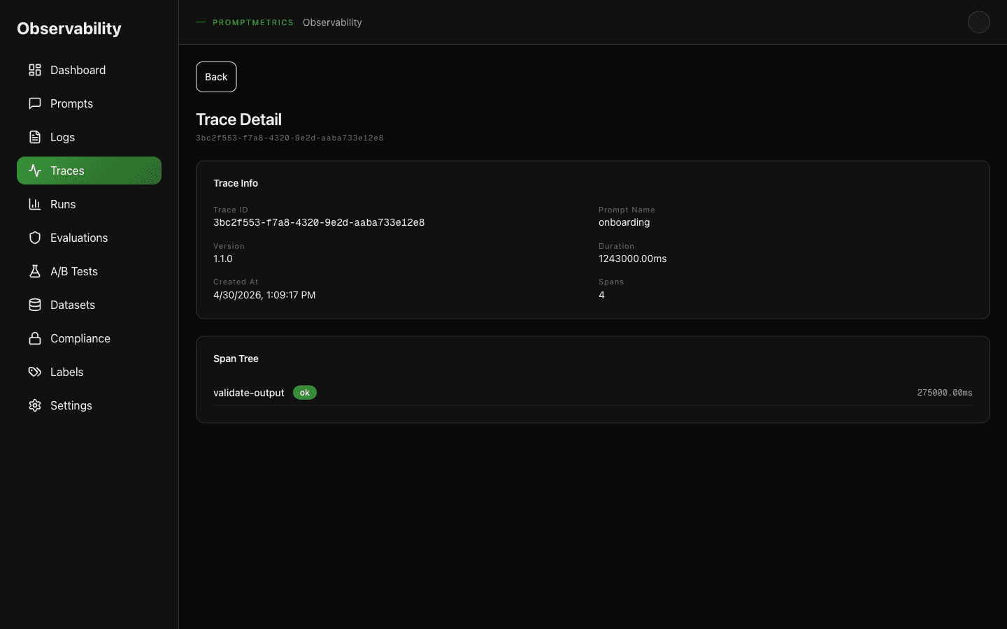 Hierarchical trace detail showing nested spans with status icons and duration metadata.