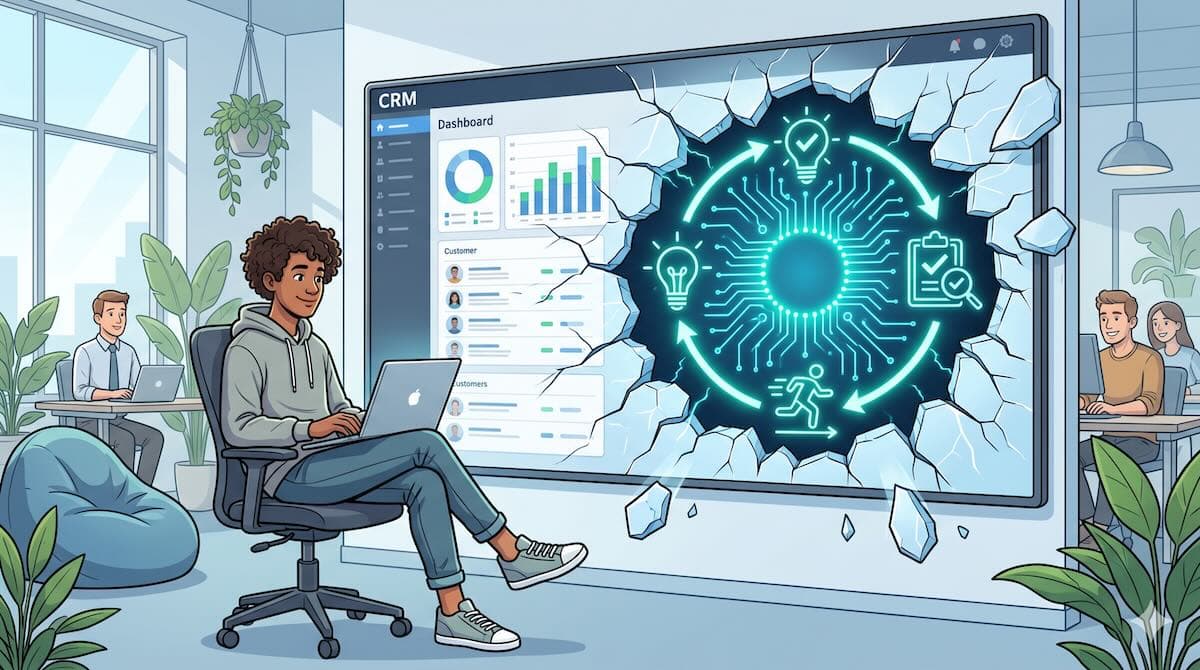A traditional CRM dashboard cracking apart to reveal an autonomous AI agent loop — plan, act,...