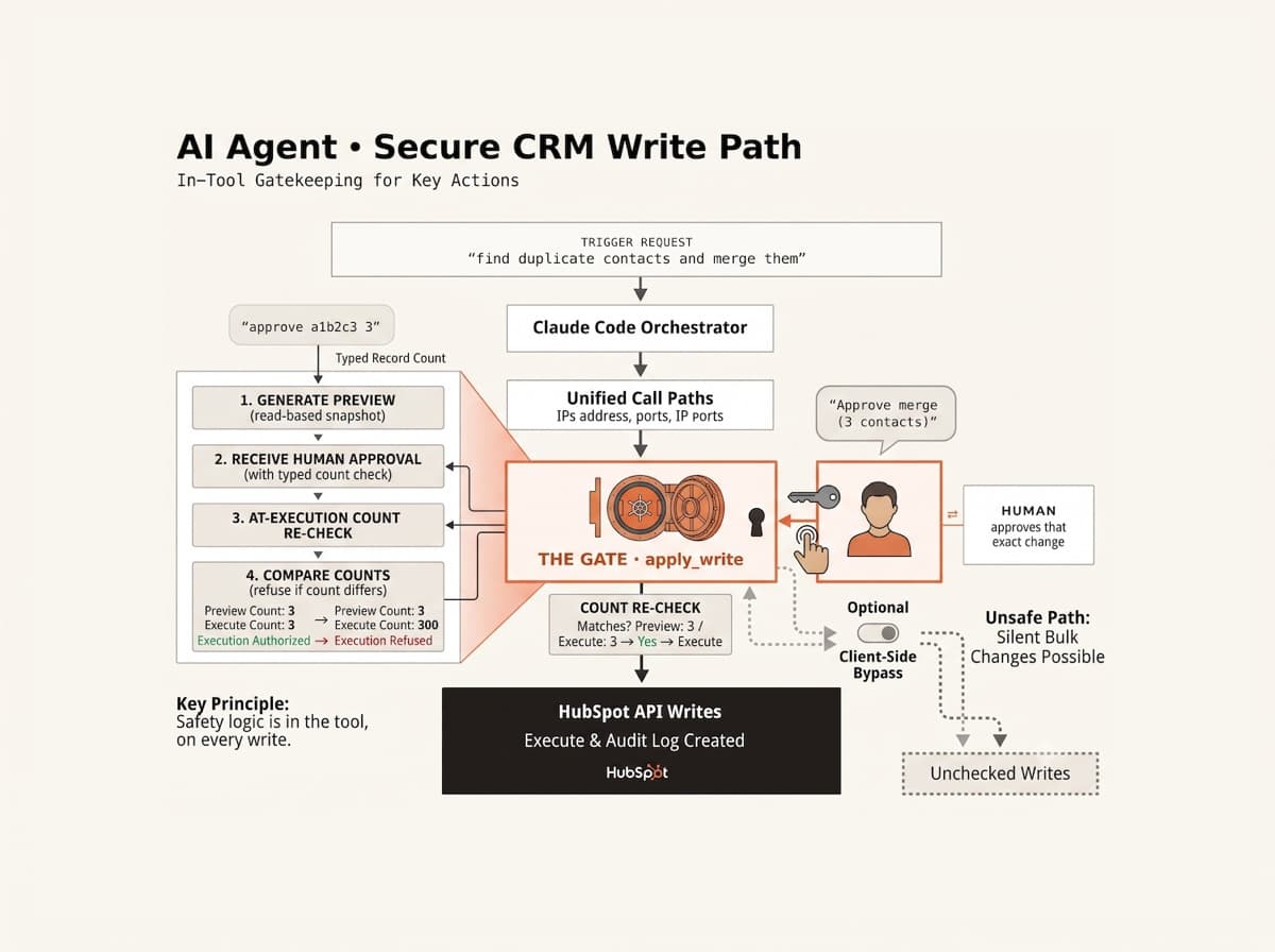 The gate belongs inside the tool: giving an AI agent write access to a production CRM
